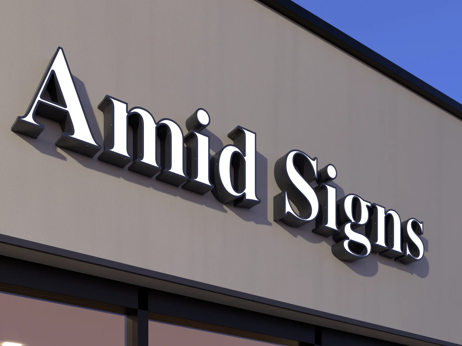 White front-lit channel letters reading Amid Signs on a storefront, seen from an angle